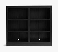 a black bookcase with three shelves and two lights on the top one shelf is empty