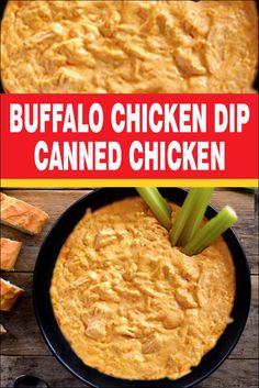 buffalo chicken dip in a black bowl with celery sticks and crackers on the side