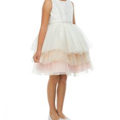 This Beautiful Dress Features A Pretty Lace Top With A Soft Tulle Layered Tutu Skirt. The Skirt Includes Additional Netting Underneath To Achieve A Fuller Look And A Zipper Back. White Tiered Tutu Dress For Spring, White Tiered Dress For Dress-up, Spring Tiered Skirt Dress For Dress-up Occasion, Spring Cream Sleeveless Tutu Dress, Spring Cream Ruffled Tutu Dress, Spring Cream Tulle Tutu Dress, Orange Ruffled Dress For Dress-up, Orange Ruffled Dress For Dress-up Occasions, Summer Tutu Dress With Lace Trim For Dress-up