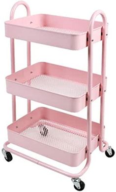 three tiered pink plastic utility cart with wheels and baskets on the bottom shelf for storage