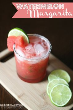 watermelon margarita with limes on the side and text overlay that reads, watermelon margarita