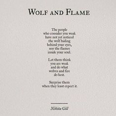 the poem wolf and flame is written in black ink on white paper with an image of a