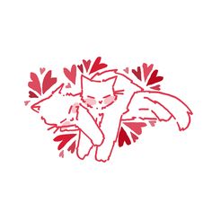 a red and white drawing of a cat with hearts on it's back paws