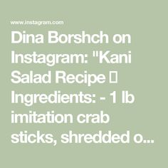 Dina Borshch on Instagram: "Kani Salad Recipe ✨

Ingredients:
- 1 lb imitation crab sticks, shredded or thinly sliced lengthwise 
- 1 large carrot, julienned
- 1 large English cucumber, cut in thirds, seeded and julienned
- 1 cup Kewpie mayonnaise (Japanese mayo)
- 2 tbs rice vinegar
- 1-2 tbs Sriracha (adjust to taste)
- 1-2 tbs tobiko (flying fish roe), optional 
- 1 tsp sugar
- Panko bread crumbs, for topping
- Chopped green onions (optional, for garnish)

Instructions:

1. Make the Dressing: In a large salad bowl, combine the Kewpie mayonnaise, rice vinegar, Sriracha, and sugar. Whisk until well combined and smooth.

2. Assemble the Salad: Add the shredded imitation crab sticks, julienned carrots, and cucumber to the bowl with the dressing. Add the tobiko and gently toss everything tog