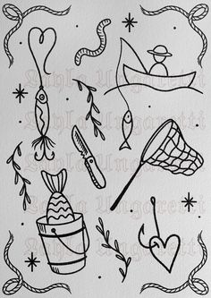 an ink drawing of different items and symbols in black on white paper, with the words love