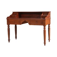 an old wooden desk with drawers on the top and bottom drawer, sitting against a white background