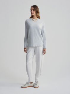 The Leah long sleeve tee is made from soft modal jersey with a classic crew neck and an oversized, boyfriend fit. Perfect for everyday wear, it's the ideal blend of casual elegance and effortless chic. Boyfriend Tee, Effortless Chic, Boyfriend Fit, Casual Elegance, Long A Line, Long Sleeve Tee, Oversized Fits, Contemporary Style, Wide Leg Pants