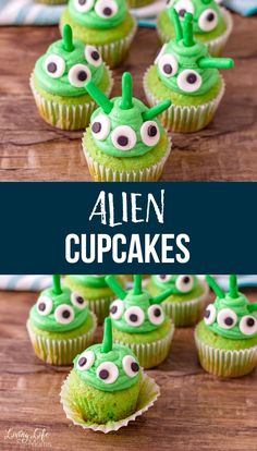 alien cupcakes with green frosting and googly eyes are on a wooden table