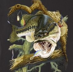 two large fish with their mouths open on a branch