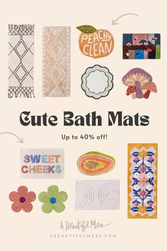 an advertisement for cute bath mats up to 40 % off with images of flowers, leaves and mushrooms