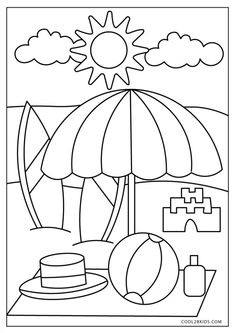 a beach scene with an umbrella, hat and sandcastles coloring page for kids