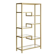 a gold metal shelf with glass shelves on each side and one section open to the other