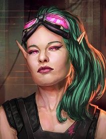 a painting of a woman with green hair and goggles