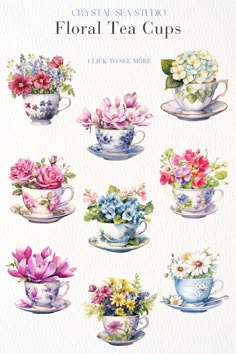 Watercolor tea cups with floral bouquets. Clip art images for sale to download instantly. Free commercial use. Tea Cup With Flowers Drawing, Tea Cup Printable, Flowers In Teacups, Teacup Clipart, Tea Party Images, Tea Party Stickers, Tea Party Poster, Tea Party Watercolor