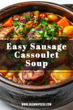 an easy sausage casserole soup in a bowl with the title overlay reads easy sausage casserole soup