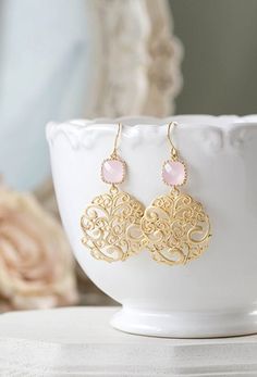 Blush Pink and Gold Dangle Earrings Ice Pink Glass Gold Paisley Filigree Earrings Pink Wedding Brida Delicate Gold Earrings For Bridal Shower, Teardrop Filigree Chandelier Earrings For Wedding, Wedding Teardrop Filigree Chandelier Earrings, Rose Gold Filigree Jewelry For Wedding, Rose Gold Filigree Wedding Jewelry, Rose Gold Pierced Bridal Earrings For Wedding, Ornate Pink Wedding Jewelry, Gold Earrings For Bridal Shower, Ornate Pierced Chandelier Earrings For Wedding