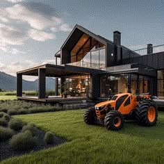 an orange tractor parked in front of a modern house with large windows on the side