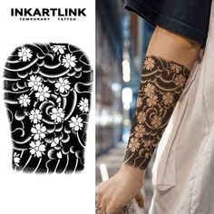 an inkartlink temporary tattoo on the arm of a woman with flowers and swirls