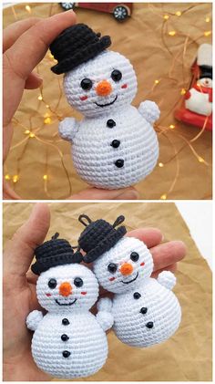 crocheted snowmen are shown in two different ways