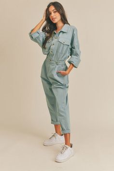 Boiler Suit Street Style, Boiler Suit, Cotton Jumpsuit, Fashion Fits, Jumpsuit Fashion, Denim Jumpsuit, New Arrival Dress, Cinched Waist, Dusty Blue