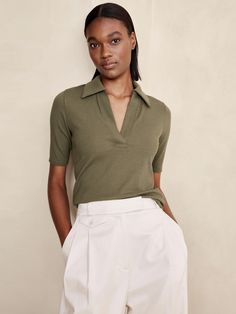 Ribbed Elbow-Sleeve Polo | Banana Republic Polo Outfits For Women, Polo Outfits, Dressy Jeans, Polo Shirt Outfits, Polo Outfit, Polo Classic, Tshirt Outfits, Polo Shirt Women, Elbow Sleeve