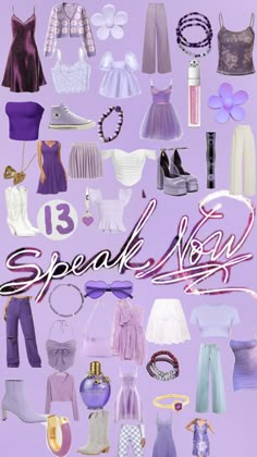 a poster with the words speak loud surrounded by various types of clothing and shoes on purple background