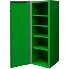 a green metal storage cabinet with shelves on both sides and one door open to reveal the contents