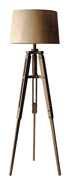 a wooden tripod table lamp with a brown shade