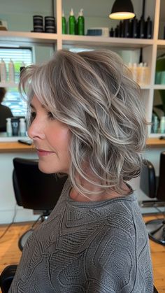 22 Short Haircut Ideas for Fashion-Forward Women Over 50 Silver Wavy Hair, Gray Blending Hair Highlights, Silver Hair Bob, Beachy Bob, Curly Bobs For Older Women, Tousled Hairstyles, Mommy Hair, Grey Hair And Glasses, Mommy Hairstyles