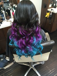 Teal And Magenta Hair, Mermaid Tips Hair, Vivid Hair Color Underneath, Mermaid Hair Highlights, Balayage Vivid Color, Blue And Purple Streaks In Hair, Turquoise And Purple Hair, Purple Teal Hair, Pink And Teal Hair