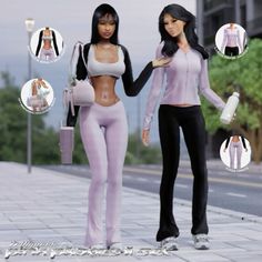 two women are walking down the street in tight pants and sports bras, one is holding a purse