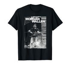 a black t - shirt with an image of morgan wallen playing guitar on it