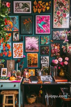 a room filled with lots of pictures and flowers