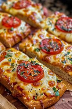 slices of pizza with tomatoes and cheese on a cutting board next to other sliced breads