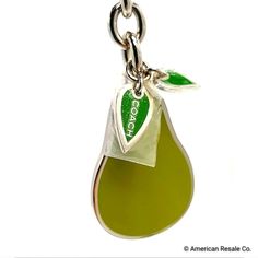 an apple shaped keychain with a green leaf on the front and bottom, hanging from a metal chain