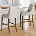 the chairs are all white in this modern dining room setting with wood flooring and counter tops