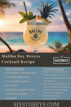 Malibu Bay Breeze Cocktail Recipe Malibu Breeze, Bay Breeze Cocktail, Malibu Bay Breeze, Juice Ice Cubes, Malibu Coconut, Bay Breeze, Coconut Rum, Cranberry Juice, Cocktail Recipe