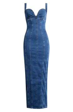 Topstitched seams bring edgy energy to this corset-inspired maxi dress made of sturdy stretch denim for a curve-hugging fit. 60" length (size Medium) Exposed back-zip closure Sweetheart neck Back slit 82% cotton, 5% recycled cotton, 4% elasterell-p, 5% recycled polyester, 4% elastane Partially lined Machine wash, tumble dry Imported Black Owned/Founded Corset Maxi Dress, Denim Corset, American Denim, Sweetheart Neck, Fabric Gifts, Good American, Summer 24, Anniversary Sale, Free Fabric