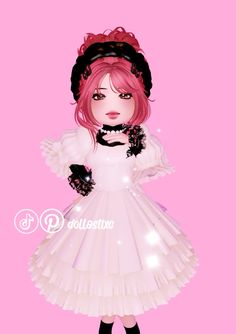 a girl with pink hair wearing a white dress and black gloves