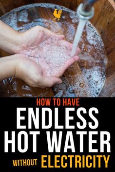 a person washing their hands in a wooden bucket with water and electricity on the side