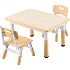 a wooden table and two plastic chairs