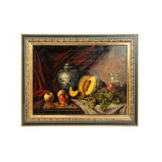 a painting of fruit and a vase on a table