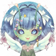 a drawing of a girl with blue eyes and angel wings on her head, surrounded by stars