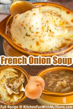 the french onion soup is served in two bowls