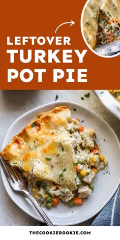 the leftover turkey pot pie is on a plate with a fork