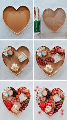 heart shaped trays filled with different types of food