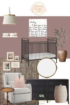 a baby's room with pink walls, furniture and pictures hanging on the wall