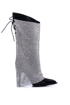 black pointed toe stiletto heel mid-calf boots with shiny rhinestone mesh overlay Black Heeled Boots, Platform Combat Boots, Azalea Wang, Boot Jewelry, Black Stilettos, Black Heel Boots, Black Features, Mesh Overlay, Platform High Heels