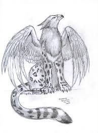 a pencil drawing of an animal with its wings spread out, sitting next to a snake