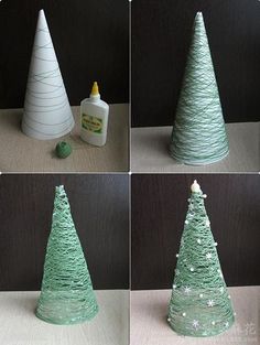 four pictures of christmas trees made out of toilet paper